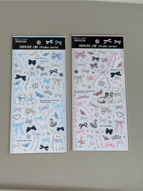 Y2K Kawaii Topping Lab Sticker Sheets – Blue & Pink Ribbon Cat Designs